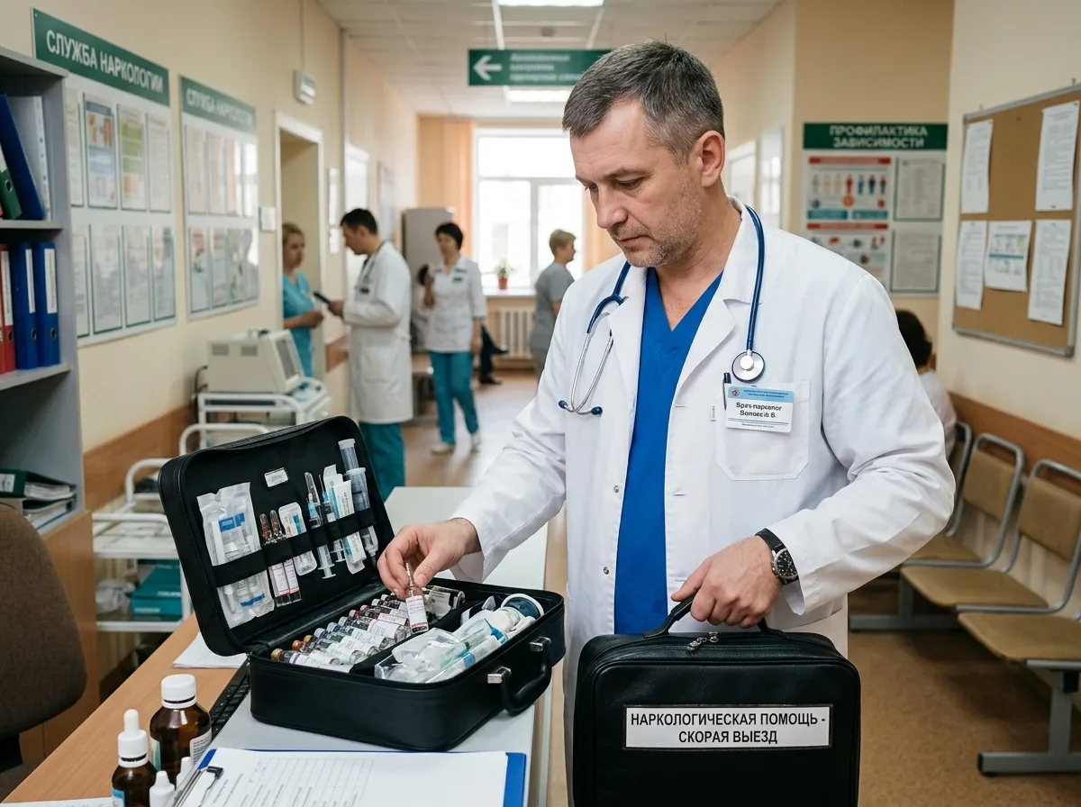 Врач-нарколог в белом халате с чемоданчиком лекарств готовится к выезду на вызов, медицинский фон, профессиональная атмосфера доверия