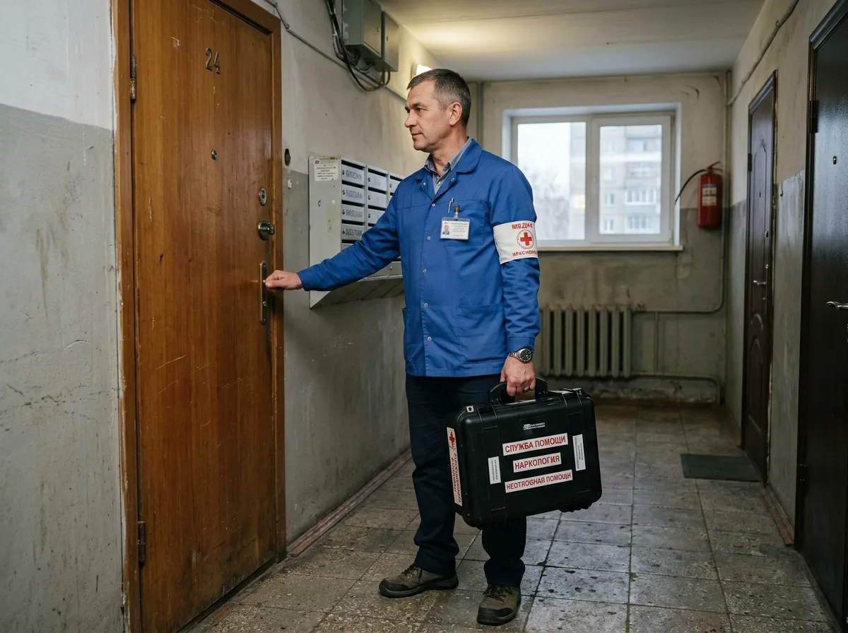 Врач-нарколог с медицинским чемоданом у двери квартиры клиента в Красноярске, готов к оказанию помощи при запое, уверенный вид профессионала